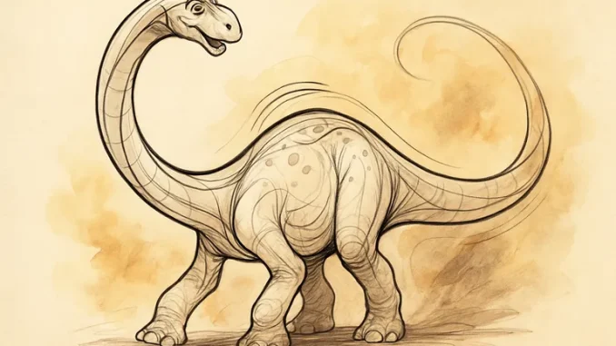 Teken een sierlijke langnek dinosaurus die tot leven komt met vloeiende lijnen en speelse details